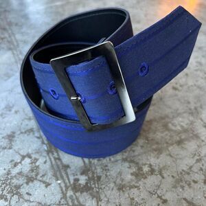 Blue Pinstripe Wide Waist Belt Structured Gunmetal Buckle Size 0